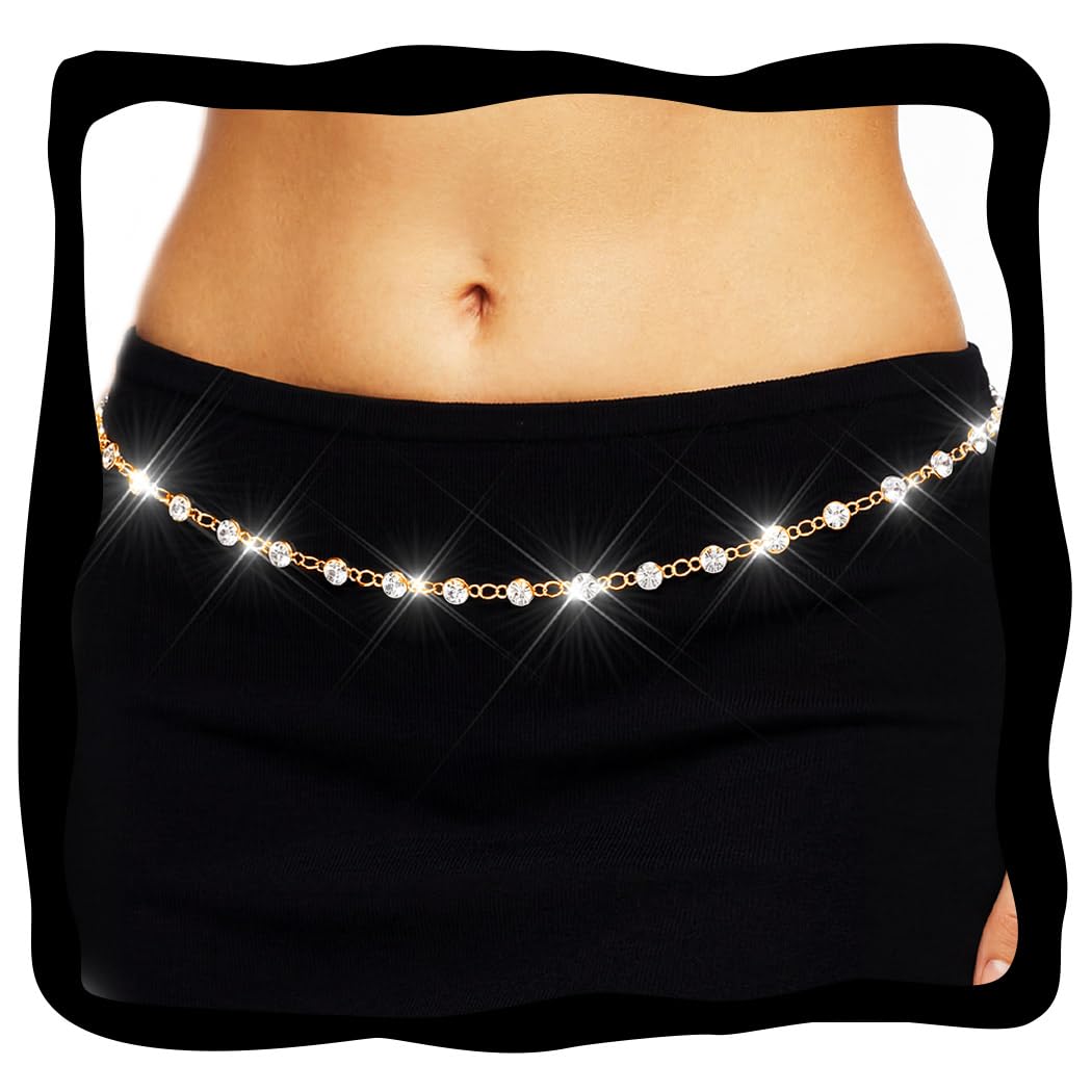 Nicute Rhinestone Belly Chain Gold Waist Chain Sparkly Body Jewelry for Women (Gold)