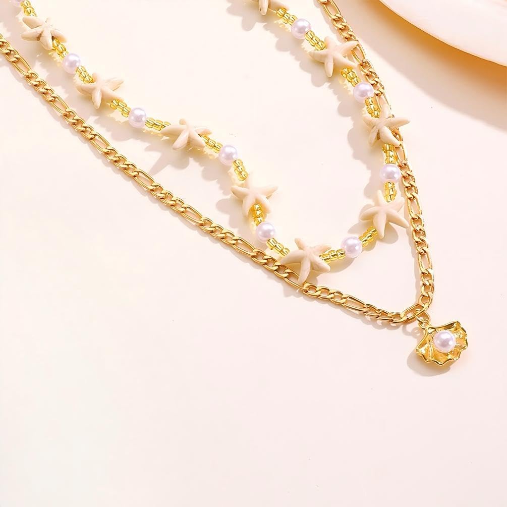 Dainty Starfish Pearl Beaded Choker Necklace, Layered Sea Shell Pearls Pendant Star Beads Necklaces for Women Chic Sweet Beach Coastal Party Jewelry Gift (Gold 2)