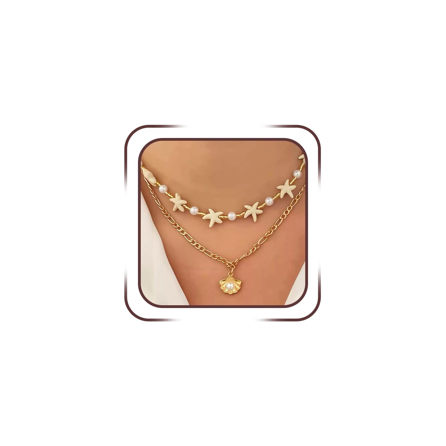 Dainty Starfish Pearl Beaded Choker Necklace, Layered Sea Shell Pearls Pendant Star Beads Necklaces for Women Chic Sweet Beach Coastal Party Jewelry Gift (Gold 2)