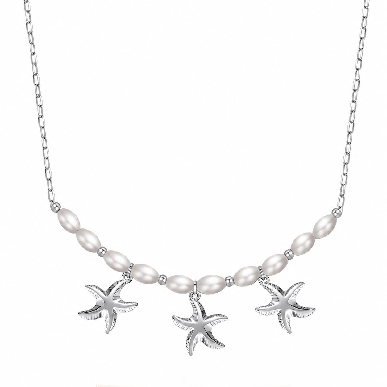 Starfish Necklace for Women: 14K Gold Plated 3-Piece Pendant with 10 Simulated Pearls on Stainless Steel Chain | Cute Boho Beach Jewelry Gift for Summer (Silver)