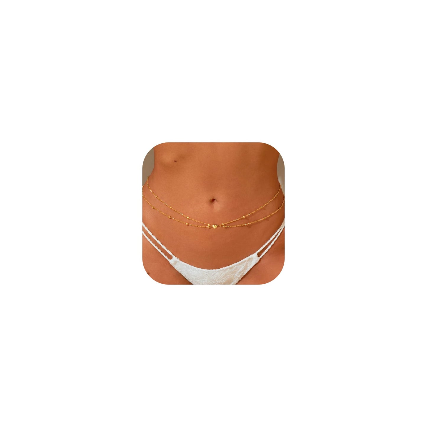 MOODEAR 14K Gold Plated Waist Chain for Women – Double Layered Belly Bead Body Chain Belt with Heart Charm, Waterproof Summer Beach Jewelry for Bikini, Dress & Vacation