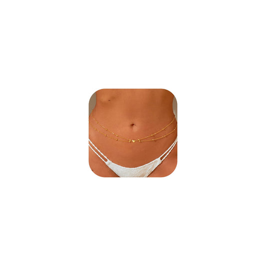 MOODEAR 14K Gold Plated Waist Chain for Women – Double Layered Belly Bead Body Chain Belt with Heart Charm, Waterproof Summer Beach Jewelry for Bikini, Dress & Vacation