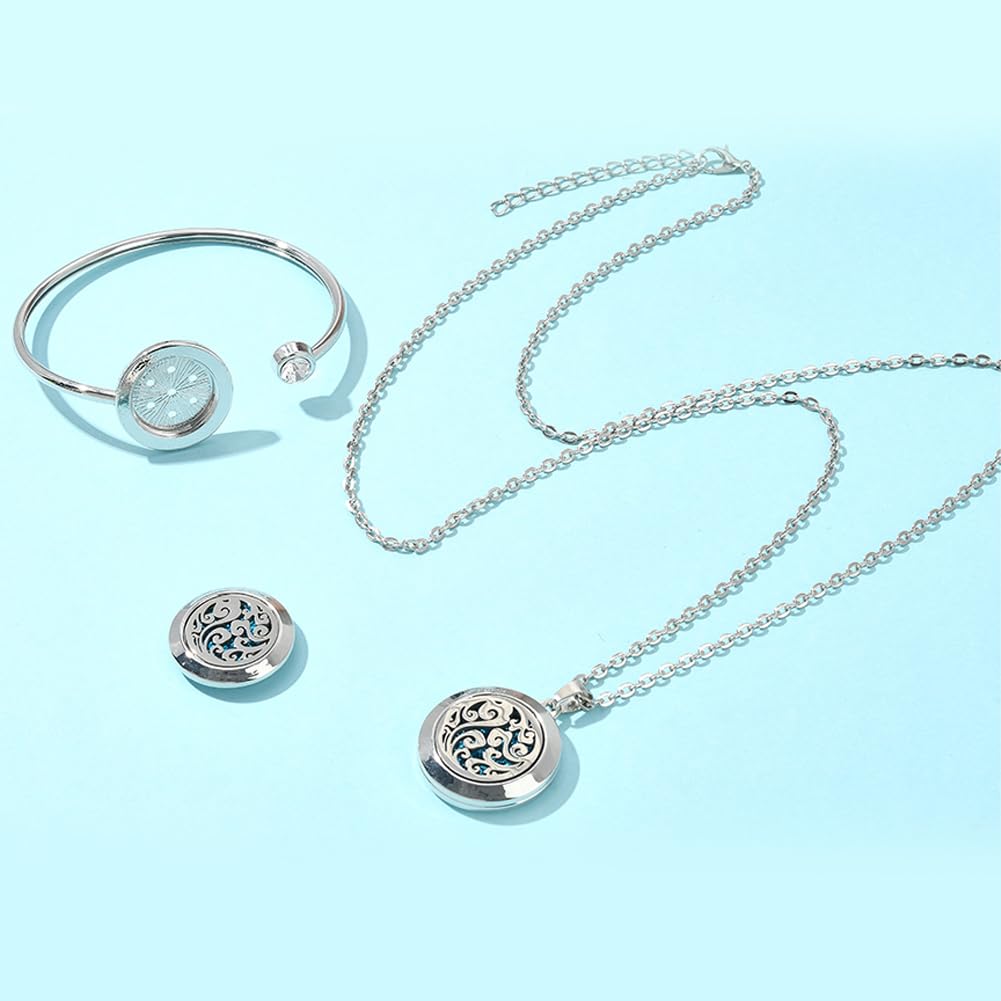 SUNNYCLUE 1Pc Essential Oil Necklace 1Pc Essential Oil Diffuser Bracelet with 10Pcs Refill Pads Cloud Stainless Steel Cuff Bangle Diffuser Locket Necklaces Aromatherapy Jewelry for Women Gifts