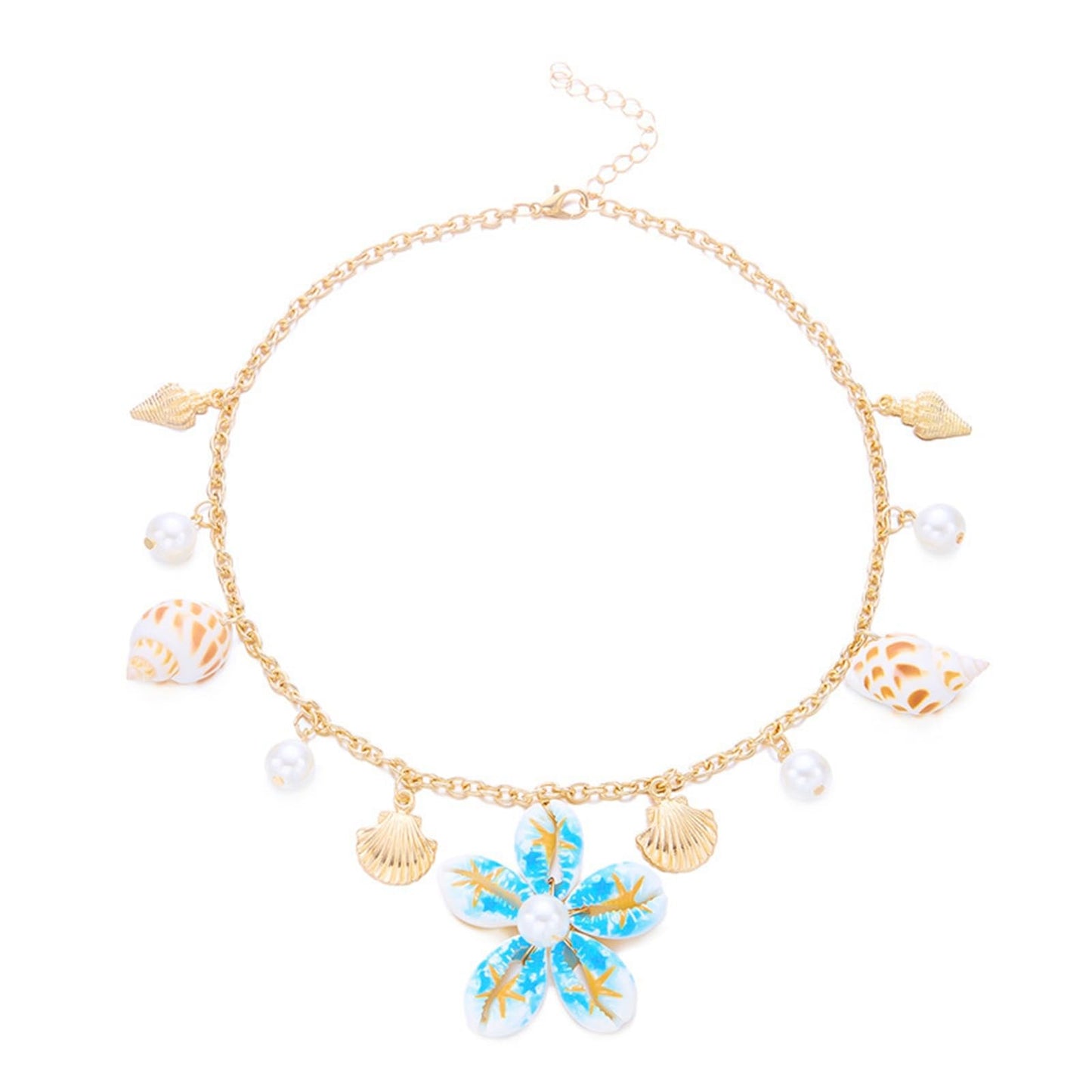 Seashell Flower Charm Necklace for Women Gold Plated Bohemian Starfish Sea Shell Cowrie Conch Floral White Pearl Ball Pendant Necklace for Ocean Summer Coastal Beach Holiday Outfits Trendy Jewelry (Blue)