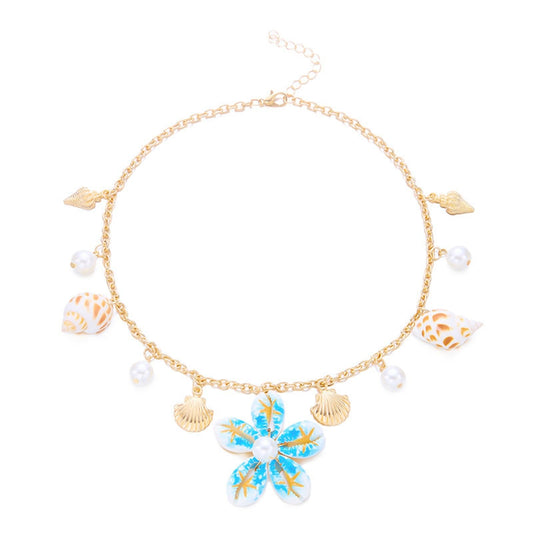 Seashell Flower Charm Necklace for Women Gold Plated Bohemian Starfish Sea Shell Cowrie Conch Floral White Pearl Ball Pendant Necklace for Ocean Summer Coastal Beach Holiday Outfits Trendy Jewelry (Blue)