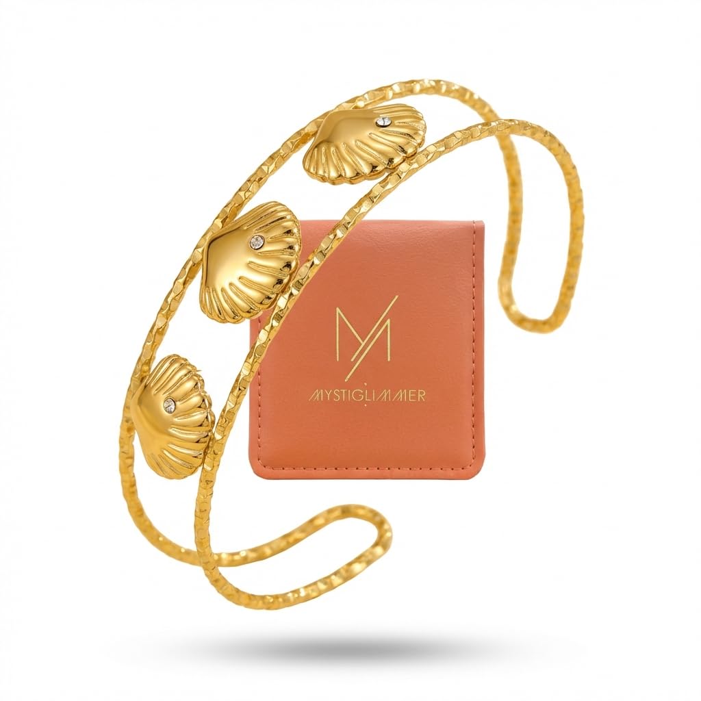 MystiGlimmer Starfish Bracelet with Luxury Gift Box 18K Gold Plated Stainless Steel, Adjustable Open Cuff, Waterproof & Hypoallergenic Jewelry Gift for Women (3Seashell)
