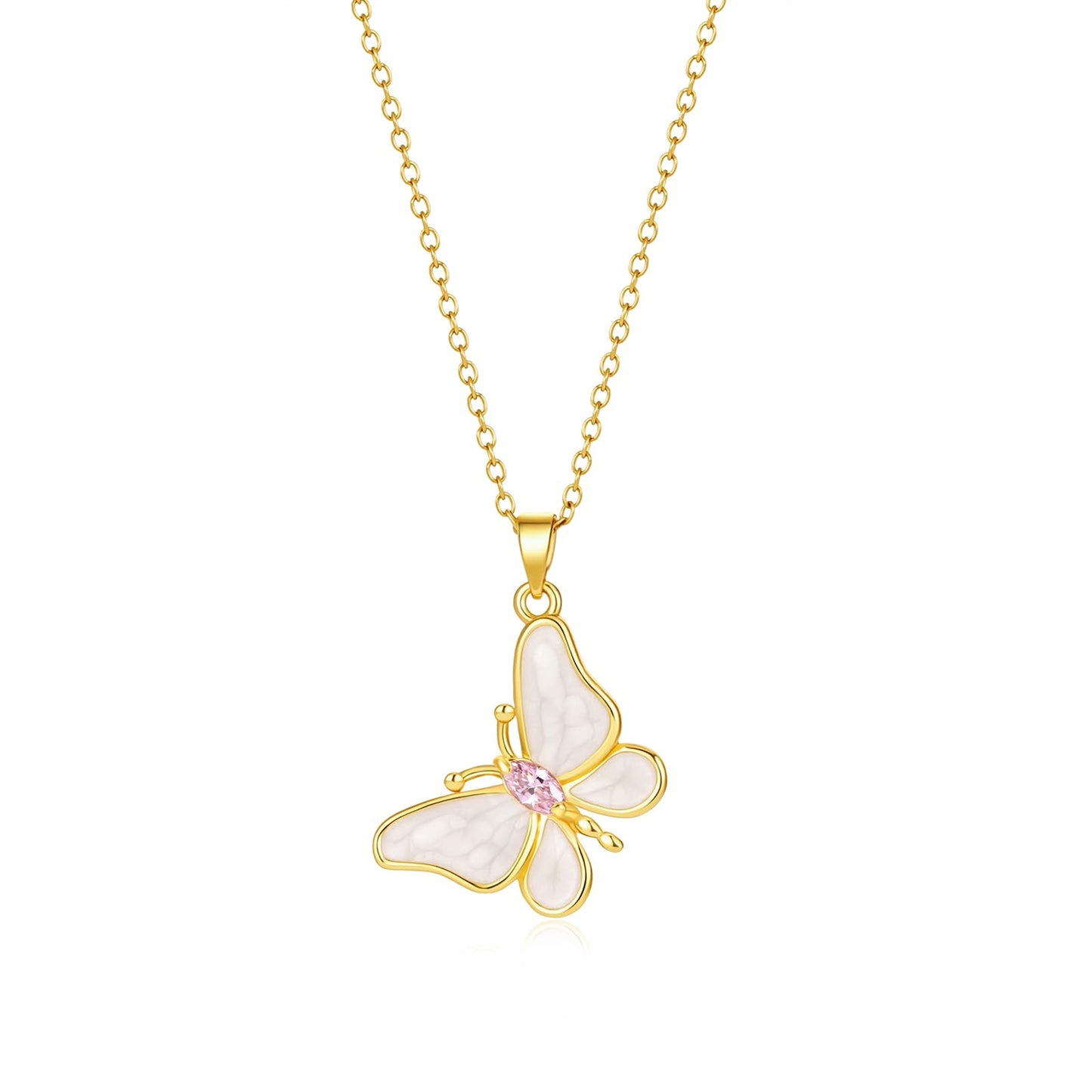 AUMRET White Enamel Lepidolite Butterfly Necklace For Women-Gold Plated Rose Quartz October Birthstone Necklace For Birthday Valentine's Day Mother's Day Christams Gifts