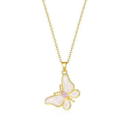 AUMRET White Enamel Lepidolite Butterfly Necklace For Women-Gold Plated Rose Quartz October Birthstone Necklace For Birthday Valentine's Day Mother's Day Christams Gifts