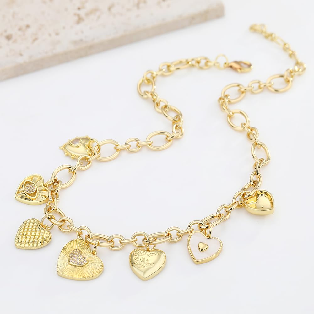 BONJOULRY Gold Heart Necklaces For Women With Different Charms Gold Charm Sun Heart Evil Eyes Necklace Coin Charms Fashion Jewelry Gift