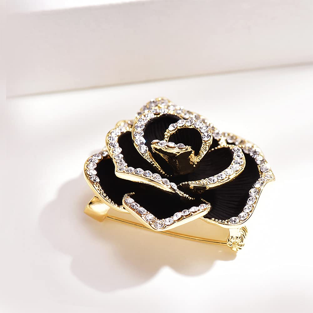 Elegant Crystal Blooming Rose Flower Brooch Lapel Pin Breastpin for Women Birdal Cardigan Hat Scarf Suit Sweater Floral Pins (32mm Black Rose)