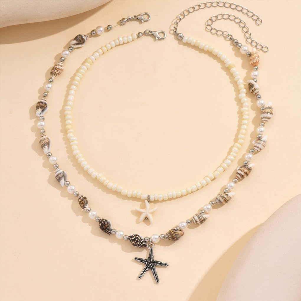 Starfish Conch Layered Necklaces for Women Charm Pearl Beaded Choker Necklace Boho Starfish Fish Pendant Necklaces Trendy Beach Jewlery Accessories (White2)
