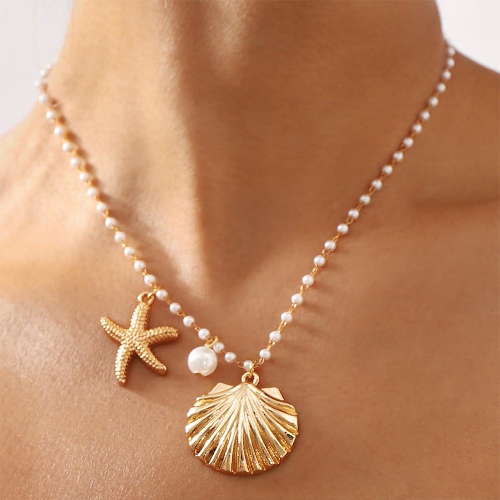 Gold Shell Starfish Beaded Pearl Necklaces for Women, Boho Sea Shell Star Beads Pearls Pendant Chain Necklace Holiday Beach Party Ocean Jewelry Gifts (Gold)