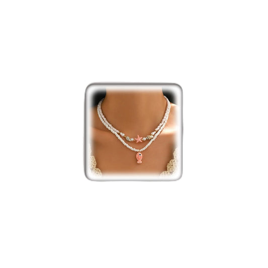 Starfish Conch Layered Necklaces for Women Charm Pearl Beaded Choker Necklace Boho Starfish Fish Pendant Necklaces Trendy Beach Jewlery Accessories (White3)