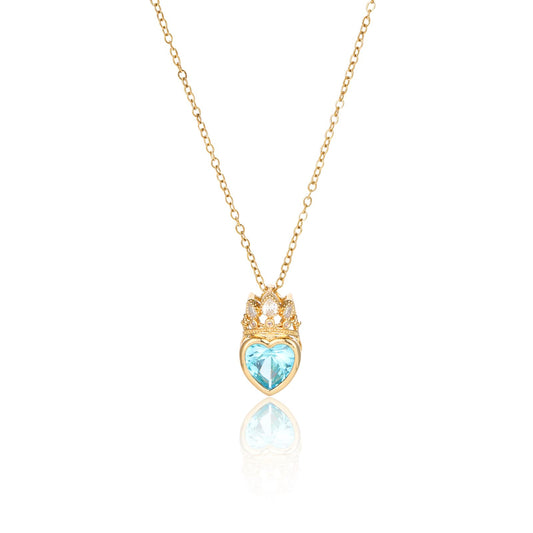crataly Aquamarine Crown Heart Necklace for Women-Gold Plated March Birthstone Princess Necklace For Valentine's Day Mother's Day Christmas Birthday Gifts