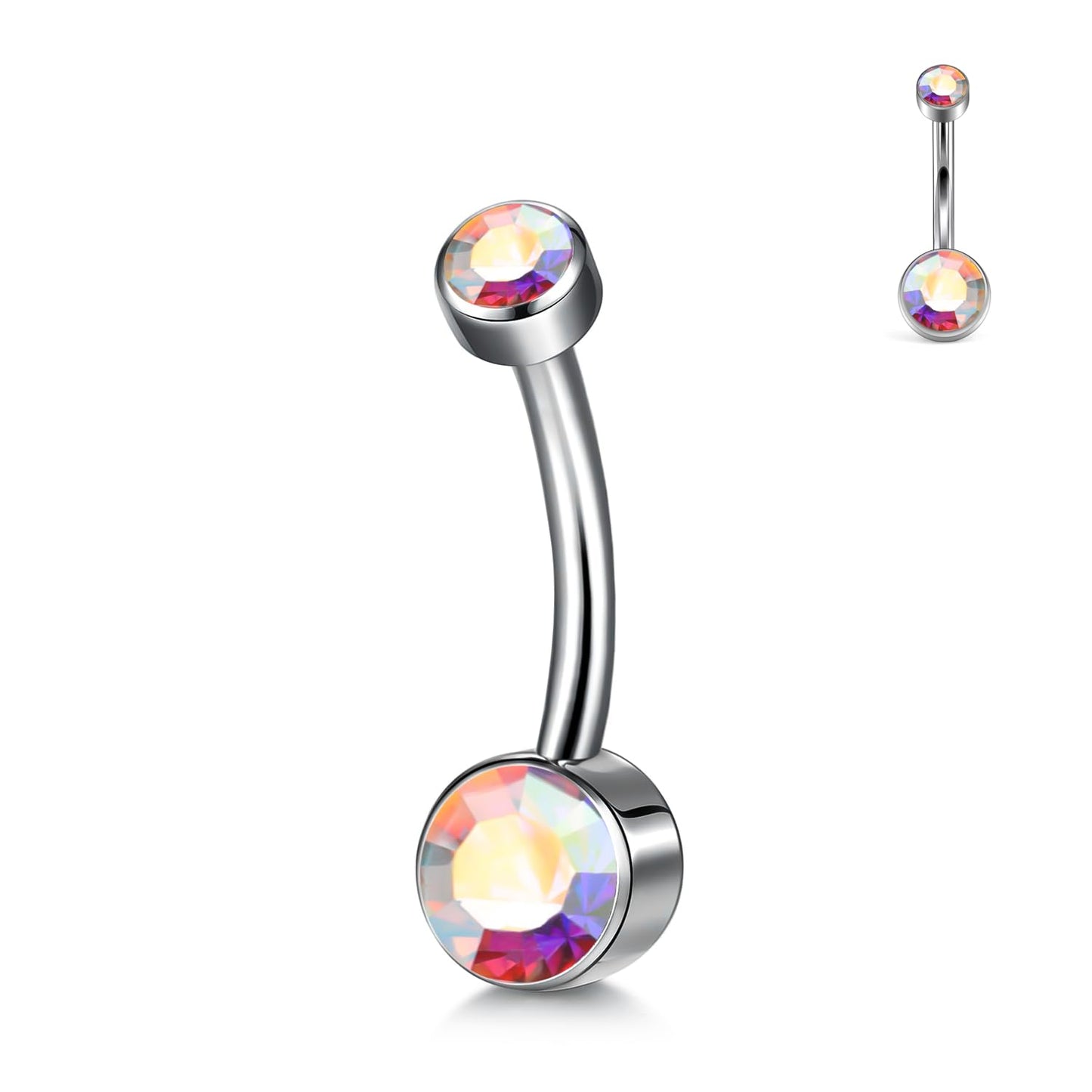 XUU Titanium Belly Button Rings, Black & Silver – 14G Internally Threaded Navel Piercing Jewelry, 10mm & 12mm Curved Barbells with 7 Colors Gems – Hypoallergenic (Silver-AB, 10MM)