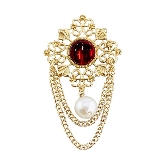 Vintage Round Simulated Pearl Filigree Flower Chain Tassel Brooches Lapel Pins for Women Girls Party Dance Banquet Dainty Boho Dangle Drop Pin Dress Suit Clothes Accessories Jewelry (Red)