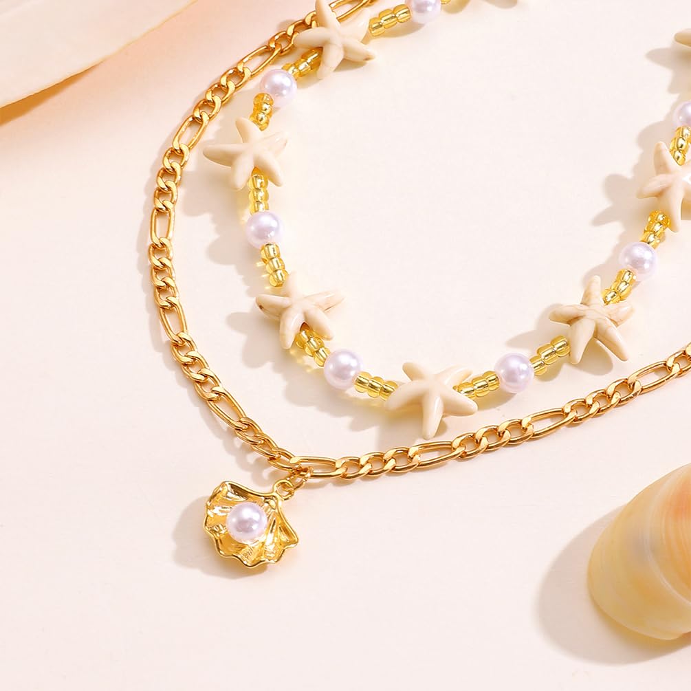 Dainty Starfish Pearl Beaded Choker Necklace, Layered Sea Shell Pearls Pendant Star Beads Necklaces for Women Chic Sweet Beach Coastal Party Jewelry Gift (Gold 2)