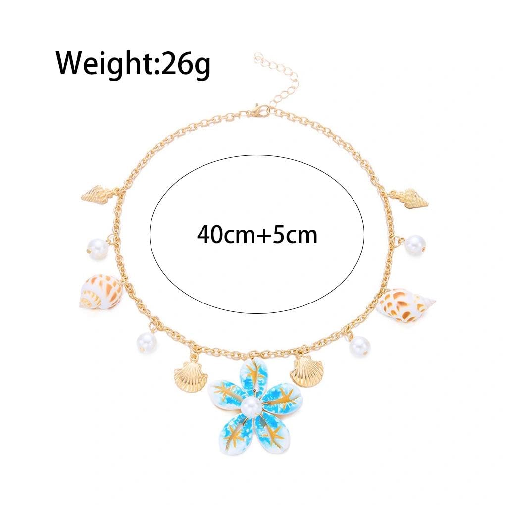 Gold Starfish Seashell Flower Charms Necklace for Women, Boho Adjustable Pearl Chain Choker Necklace Vintage Beachy Statement Jewelry Vacation Gifts (Blue)
