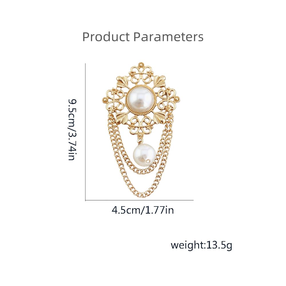 Vintage Round Simulated Pearl Filigree Flower Chain Tassel Brooches Lapel Pins for Women Party Dance Banquet Dainty Boho Dangle Drop Pin Dress Suit Clothes Accessories Jewelry (White)
