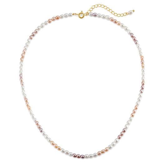 JaruJaru 3mm Multi-color Rice Pearl Strand, Small Oval Freshwater Pearls, Unique Pink Pearl Necklace for Women, 16-18 inch Adjustable