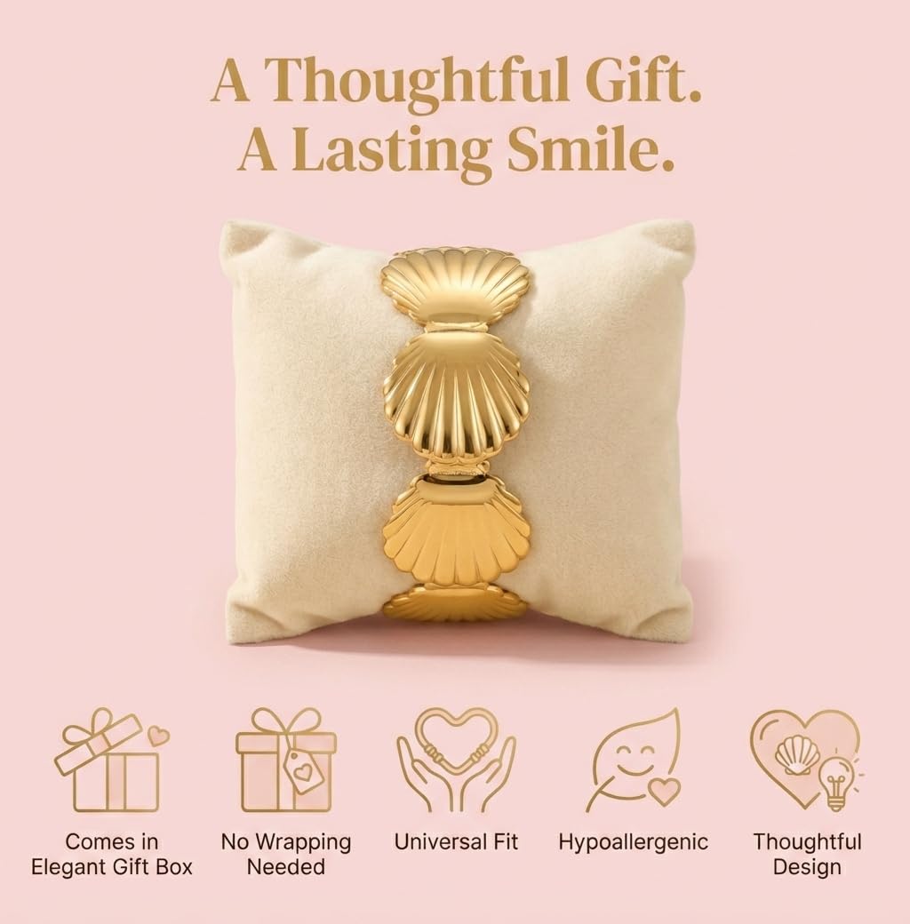 MystiGlimmer 18K Gold Seashell Adjustable Bracelet for Women – Waterproof, Tarnish‑Free, Hypoallergenic Cuff with Luxury Gift Box – Meaningful Gift for Her (Seashell)