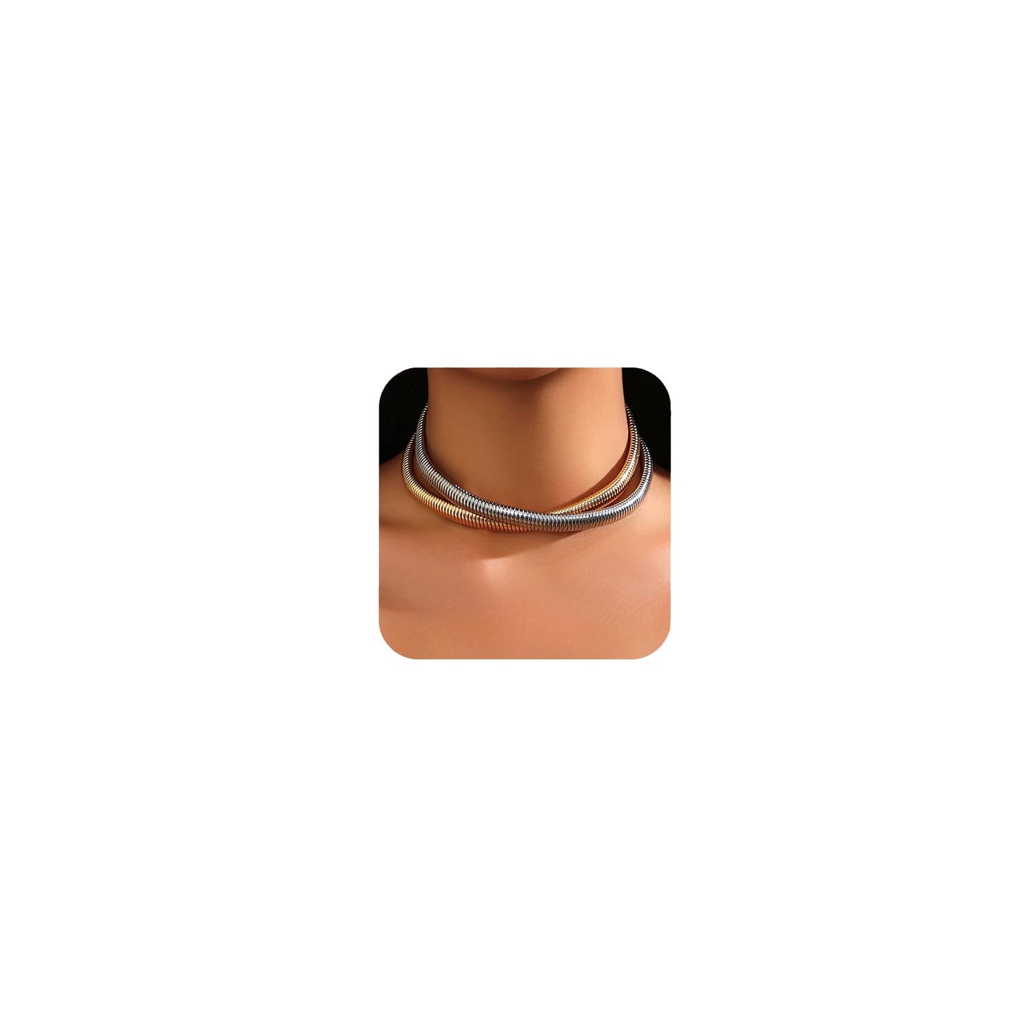 BONJOULRY Chunky Gold 2 Layered Choker Necklace for Women Trendy, 14K Gold Plated Twisted Snake Chain Statement Necklace Multi Layering Necklaces Jewelry Gifts Two Tone