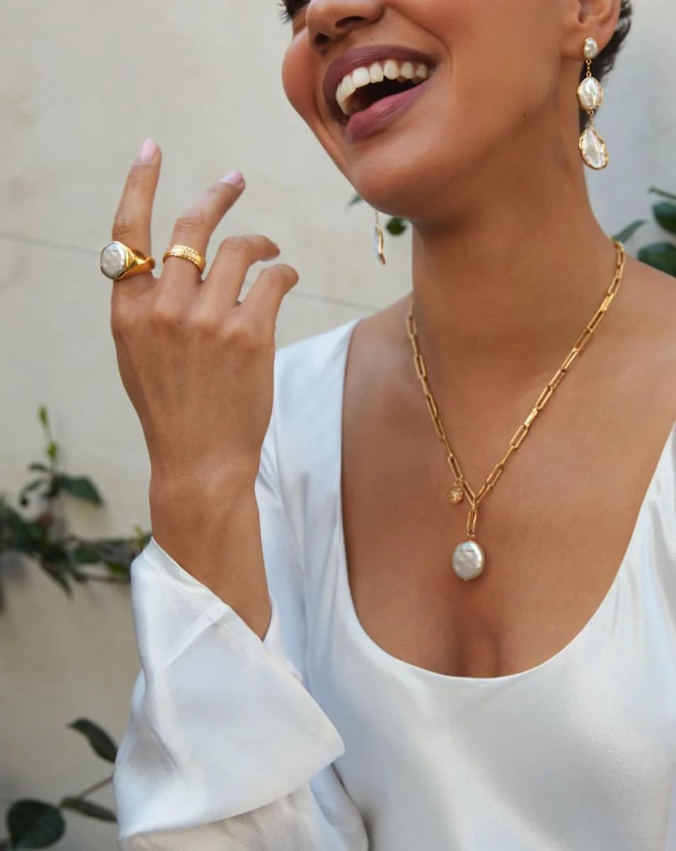 Flat Coin Pearl Pendant Necklace, 18k Gold Plated Paperclip Chain Necklace, Dainty Star Charm Necklace