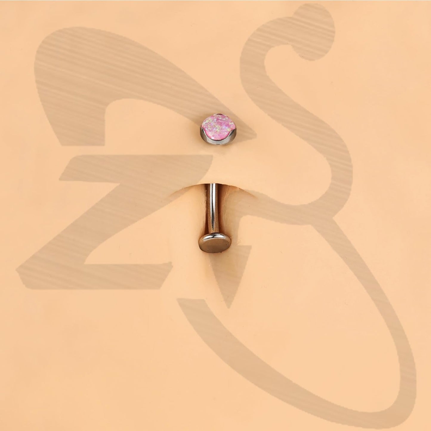 ZS ASTM F136 Titanium Belly Button Ring, 14G Opal Stones Navel Jewelry, 6/8/10/12/14MM Internally Threaded Long Bar Navel Barbell Stud Flat Back Belly Piercing (Pink Opal,L:12mm)