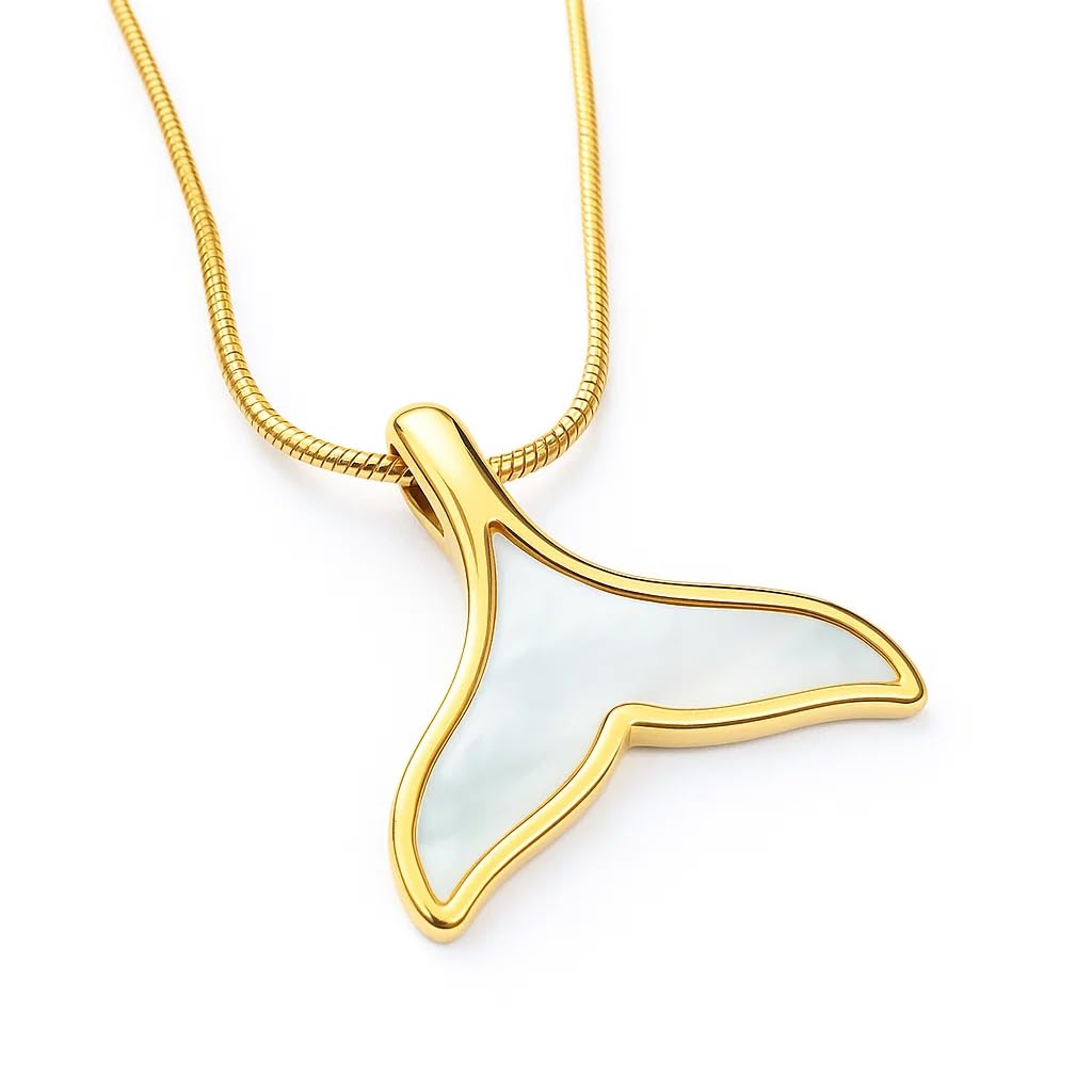 Mermaid Tail Choker Necklace for Women, 14K Gold Plated Mother-of-Pearl Pendant on Adjustable Stainless Steel Snake Chain, Dainty Ocean-Inspired Jewelry Gift