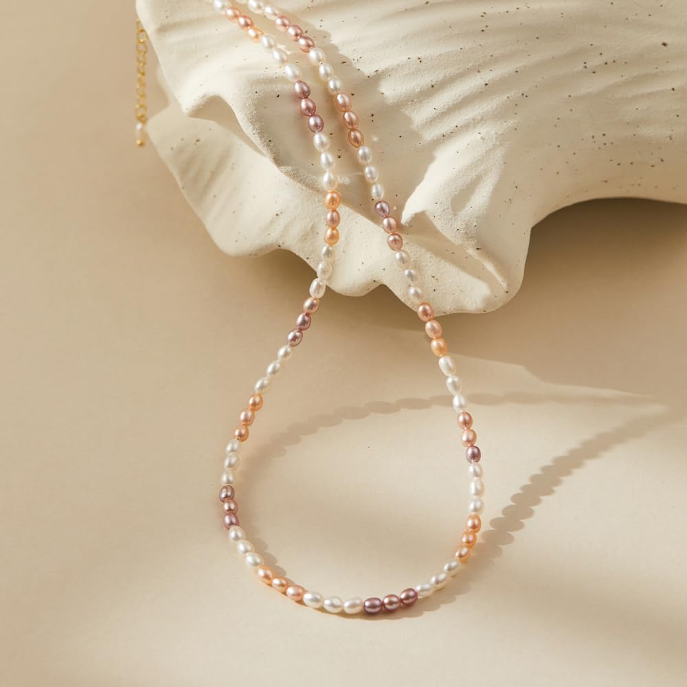 JaruJaru 3mm Multi-color Rice Pearl Strand, Small Oval Freshwater Pearls, Unique Pink Pearl Necklace for Women, 16-18 inch Adjustable
