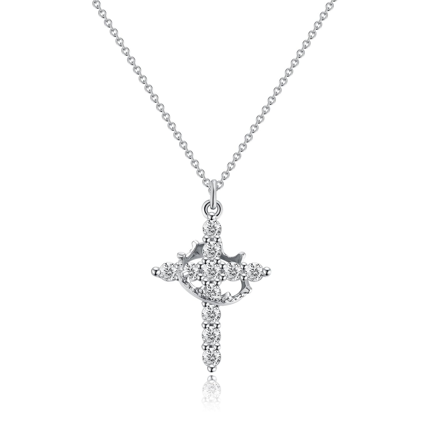 Robaice Silver Cross Necklace for Women, Sterling Silver Plated Crown Cross Pendant Necklace Cross Necklaces Faith Jewelry First Communion Necklace, Silver