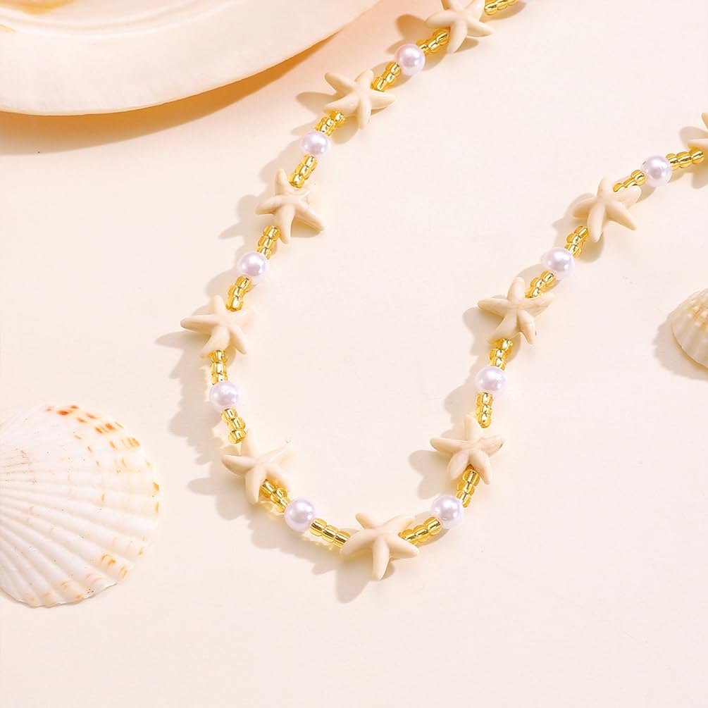 Dainty Starfish Pearl Beaded Choker Necklace, Layered Sea Shell Pearls Pendant Star Beads Necklaces for Women Chic Sweet Beach Coastal Party Jewelry Gift (Gold 1)