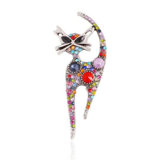 Vintage Rhinestone Cat Brooch Pin for Women Girls Silver Plated Fashion Cute Colorful Crystals Animal Kitten Brooches Lapel Pins Dress Accessories Holiday Birthday Party Unisex Jewelry Souvenir (Colorful)