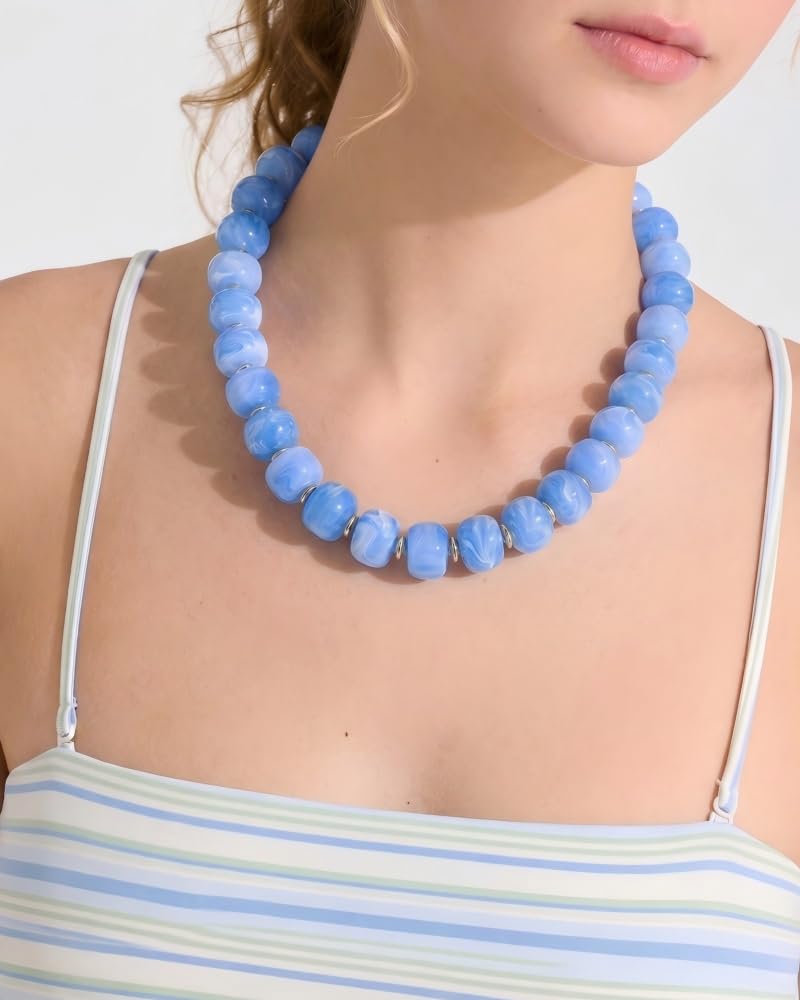 FAUTHENTICUTE Light Blue Beaded Choker Necklace for Women Boho Statement Necklace with Beads Trendy Beach Summer Jewelry Western Dainty Bead Necklaces Womens Everyday Necklaces