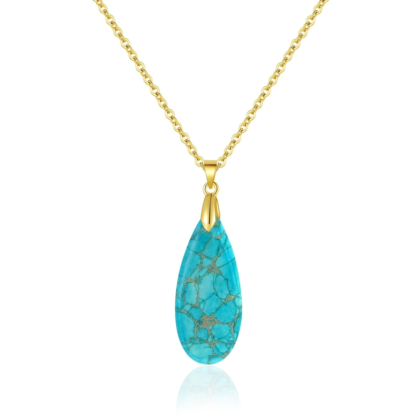 Sriomu Natural Healing Stone Chain Necklaces for Women Teardrop Gemstone Pendant Statement Gold Necklace (Green - Gold)