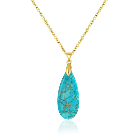 Sriomu Natural Healing Stone Chain Necklaces for Women Teardrop Gemstone Pendant Statement Gold Necklace (Green - Gold)