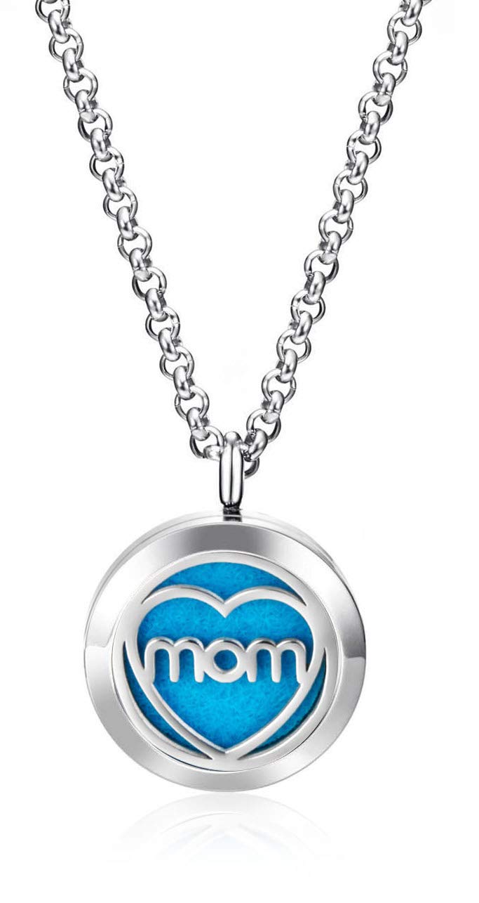 Wild Essentials MOM Aromatherapy Necklace Diffuser Includes 4 Pure Essential Oils, Lavender, Lemongrass, Orange, Peppermint - Stainless Steel Chain/Pendant, 12 Pads, Gift Set