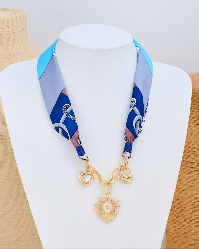 FAUTHENTICUTE Heart Charm Necklace For Women Boho Blue Printed Scarf Necklace Short Summer Statement Necklace Gift Perfect for Western & Boho Styles