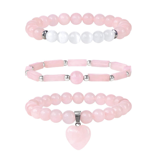 Vinswet Healing Crystal Beaded Bracelets for Women,Natural Rose Quartz Moonstone Gemstones Bracelet,Anxiety Stress Relief Heart Charm Bracelet Handmade pink Jewelry Gifts for Women (3pcs)