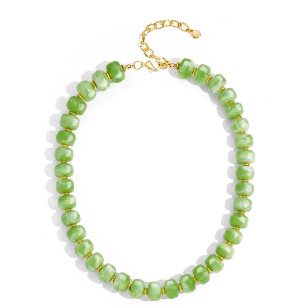 FAUTHENTICUTE Green Beaded Choker Necklace for Women Chunky Statement Western & Beach Summer Beaded Necklaces Trendy Everyday Boho Bead Choker Necklaces for Women