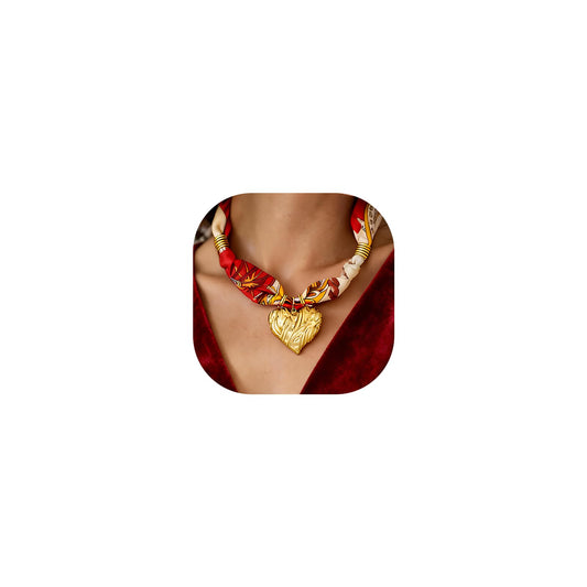 DoDoBeads Scarf Charm Necklace – Golden Heart – Red Vintage Scarf Necklace with Sculpted Stainless Steel Heart Pendant
