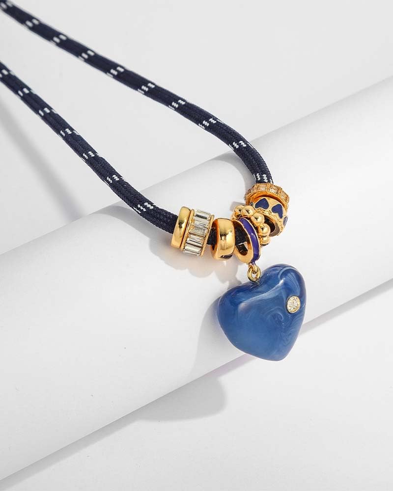 MYCUTEY Navy Blue Heart Necklace for Women Adjustable Blue Cord Choker with Gold Plated Beaded Statement Heart Pendant Rope Charm Necklace Trendy Summer Lapis Lazuli Jewelry Gifts