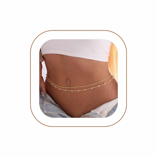 Rotnso 14K Gold Plated Body Chains Dainty Boho Layered Beach Waist Pearl Bead Chain Adjustable Bikini Belly Chain Jewelry Accessories for Women Sexy