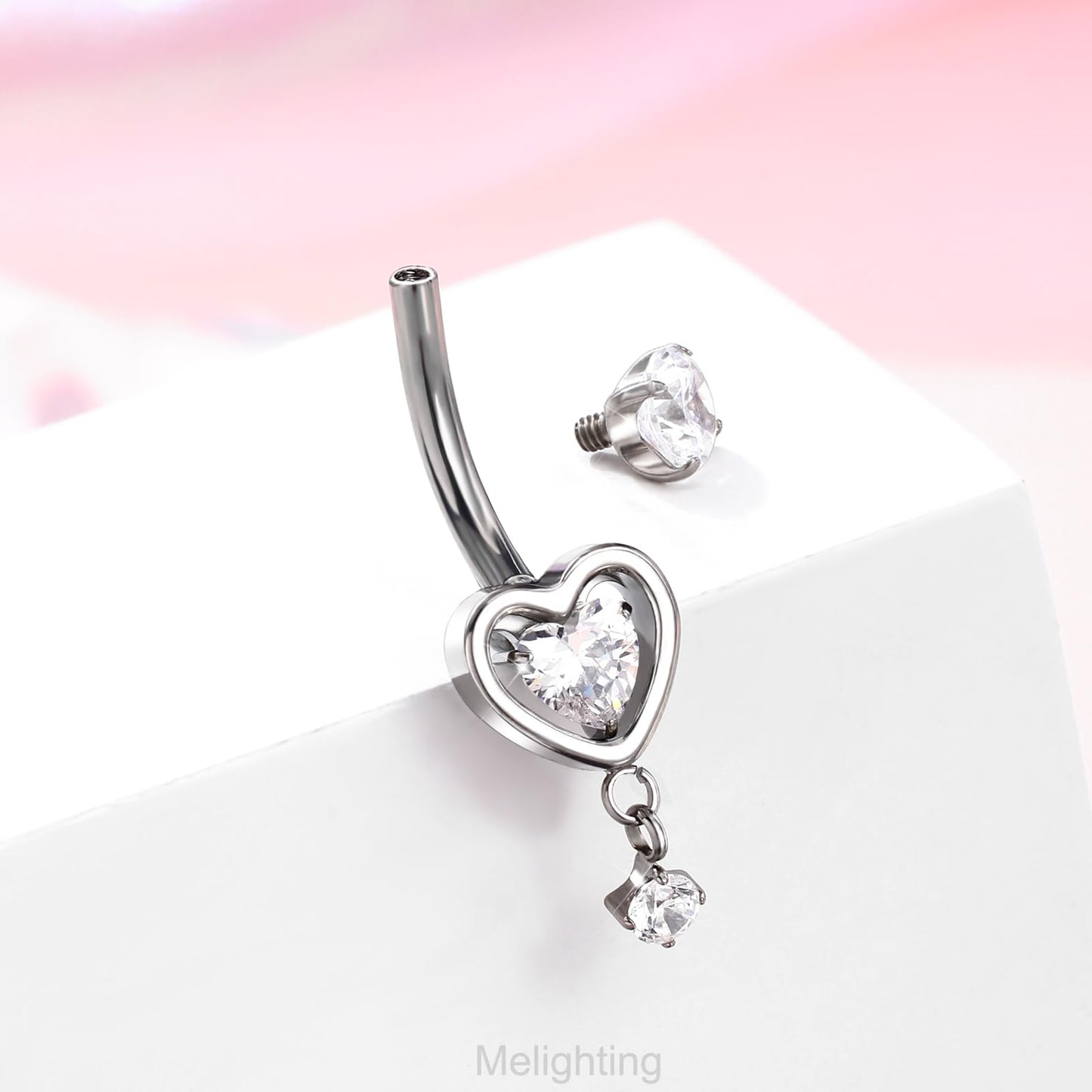 Melighting Heart Titanium Belly Button Ring Internally Threaded 14G Dangle Belly Ring Belly Piercing Jewelry Titanium G23 Naval Ring Clear Cz 10mm Body Piercing Jewelry