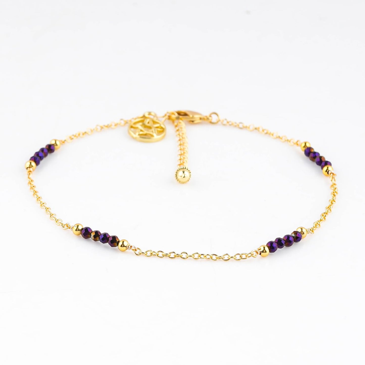 CRYSTALINES Natural Purple Hametite Gemstone Beads, Handmade Station Dangle Star Charms Anklet, 14K Gold Plated, Adjustable Fashion Boho Jewelry for Women, Healing Crystals, Christmas Gift