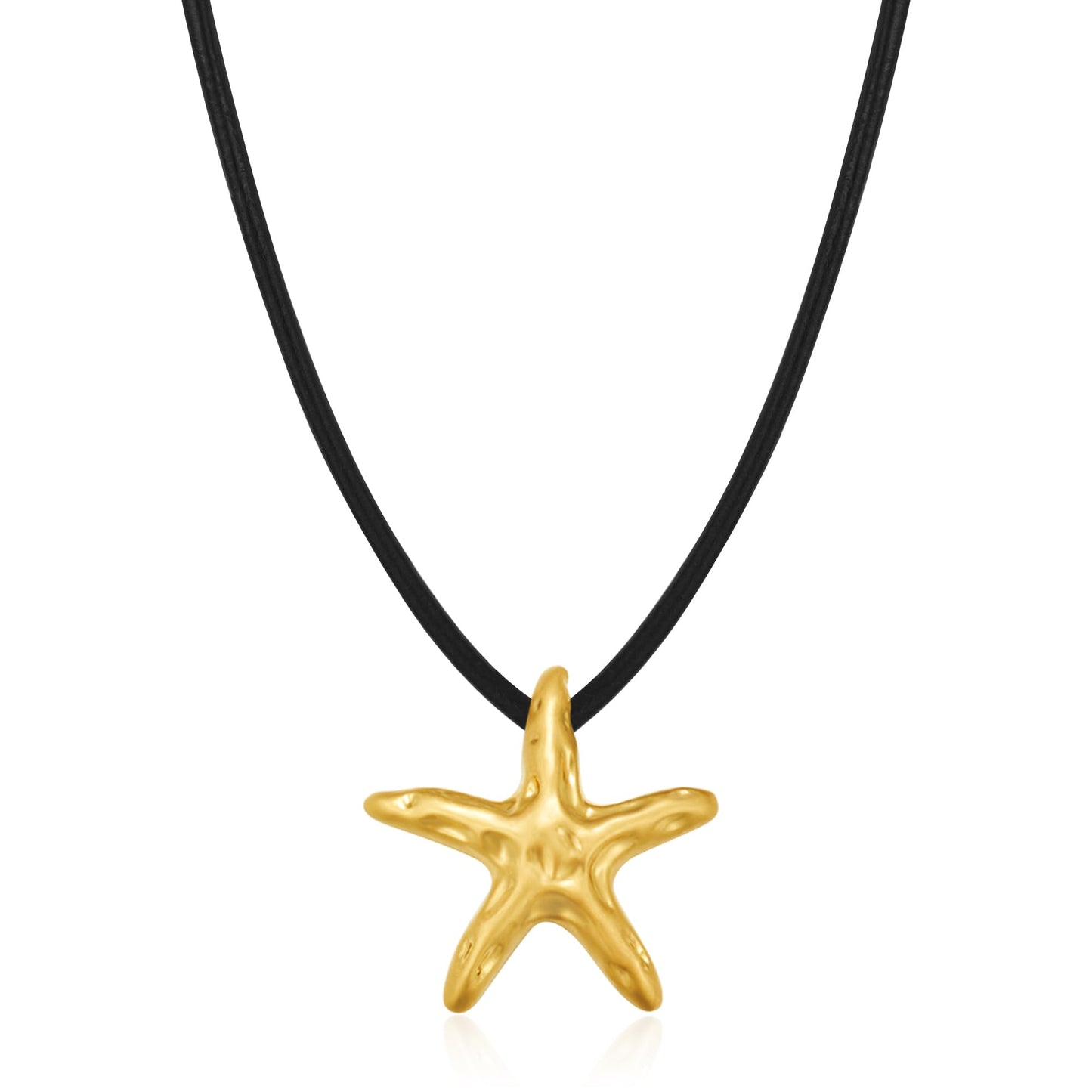 INNERDIVA Starfish Necklace with Black Leather Cord, Gold Ocean Starfish Pendant Necklace Eco-Friendly Beach Jewelry for Women Summer Boho Statement