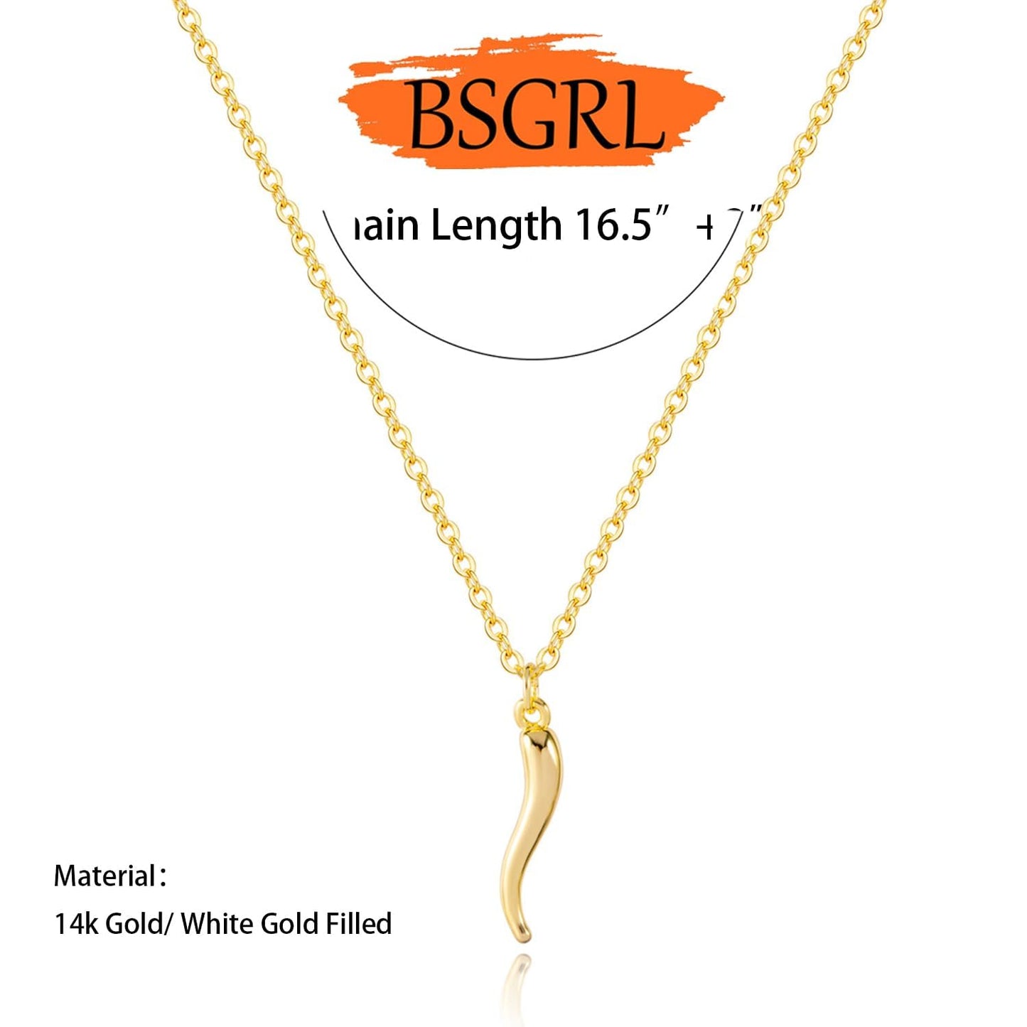 BSGRL Gold Necklace for Women-14K Gold Plated Chilli Italian Horn Dainty Gold Necklace 16.5”+2” ext