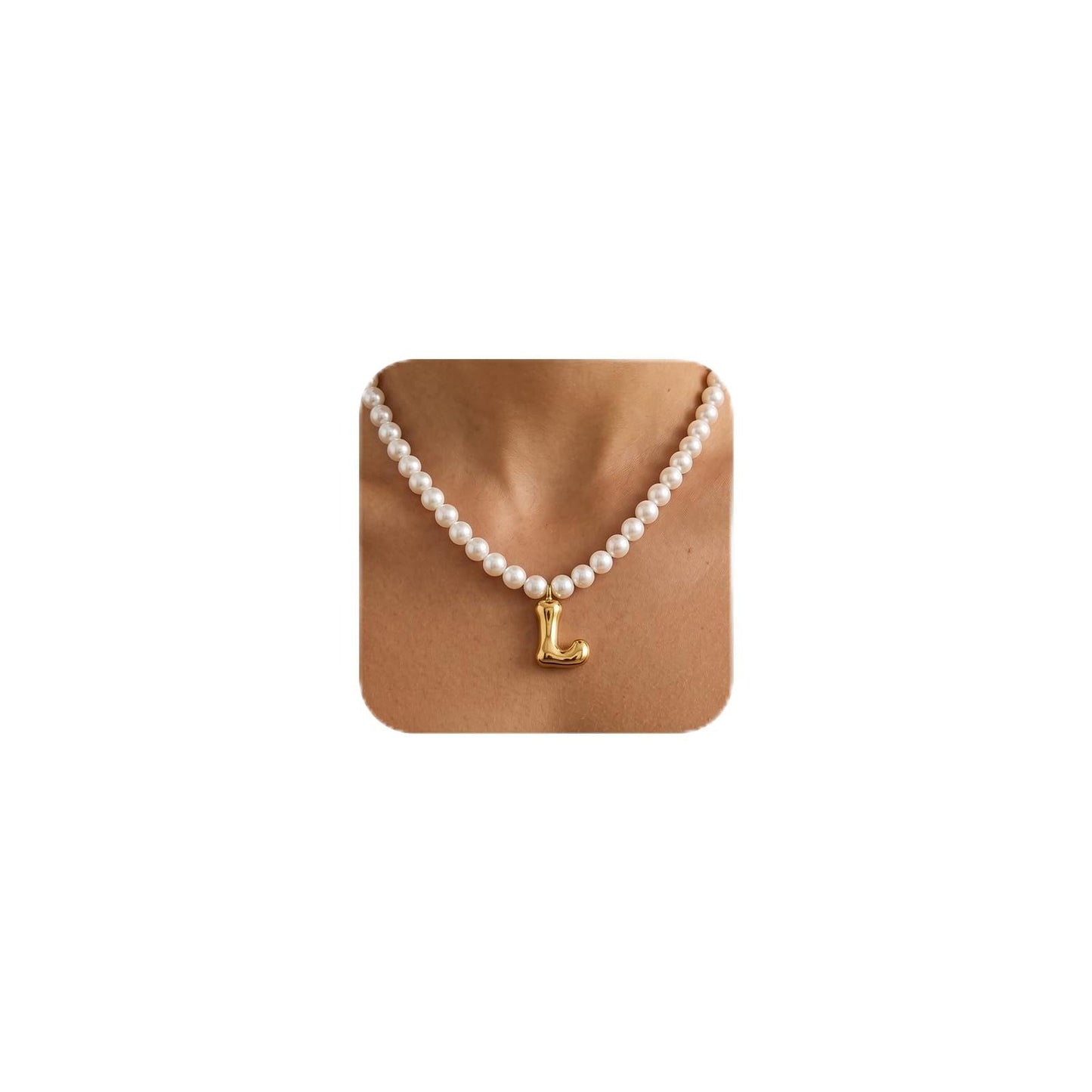 DoDoBeads Pearl Initial Necklace, 18K Gold Plated Stainless Steel Balloon Letter Pendant L, Non-Tarnish Waterproof Chunky Monogram Jewelry Gifts for Women Teens