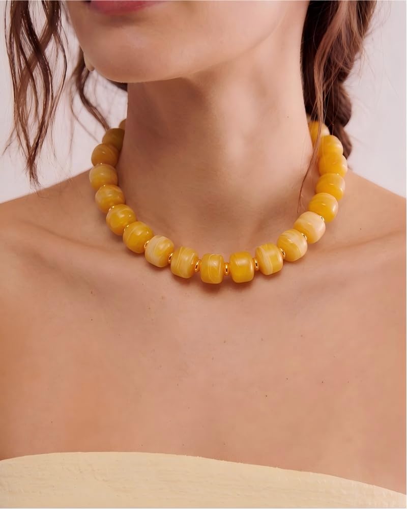 FAUTHENTICUTE Yellow Beaded Choker Necklace for Women Boho Chunky Statement Necklaces Trendy Yellow Bead Beach Necklaces Summer Western Jewelry Everyday Necklace Gift for Women