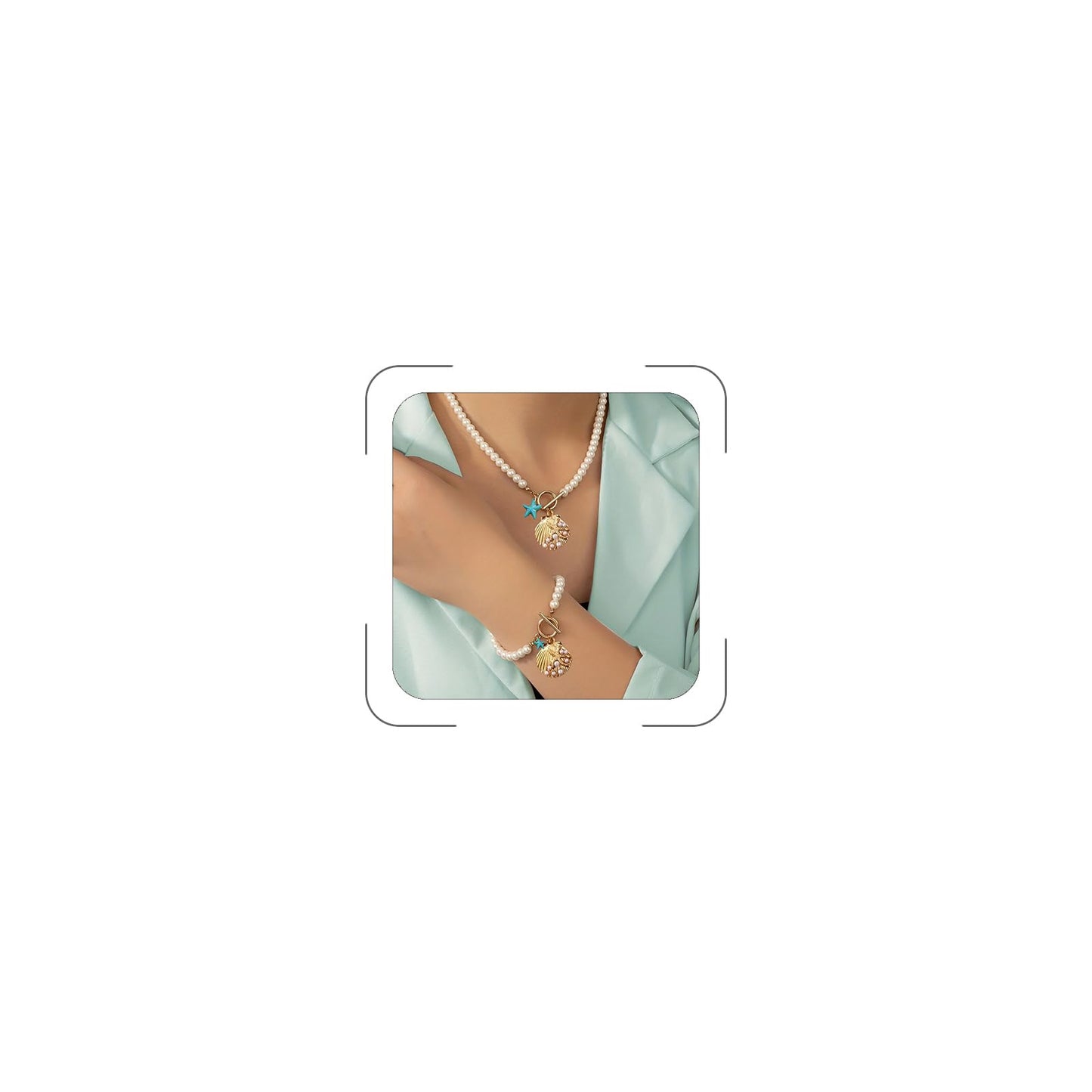 FemmeFeast Pearl Shell Jewelry Set for Women OT Buckle Closure Necklace and Bracelet Ocean-Themed Set with Starfish & Seashell Charms Beach Holiday Jewelry Gift (A-Pearl)